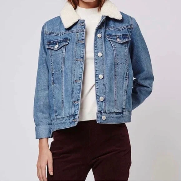 Topshop Petite Borg Faux Sherpa Lined Denim Jacket